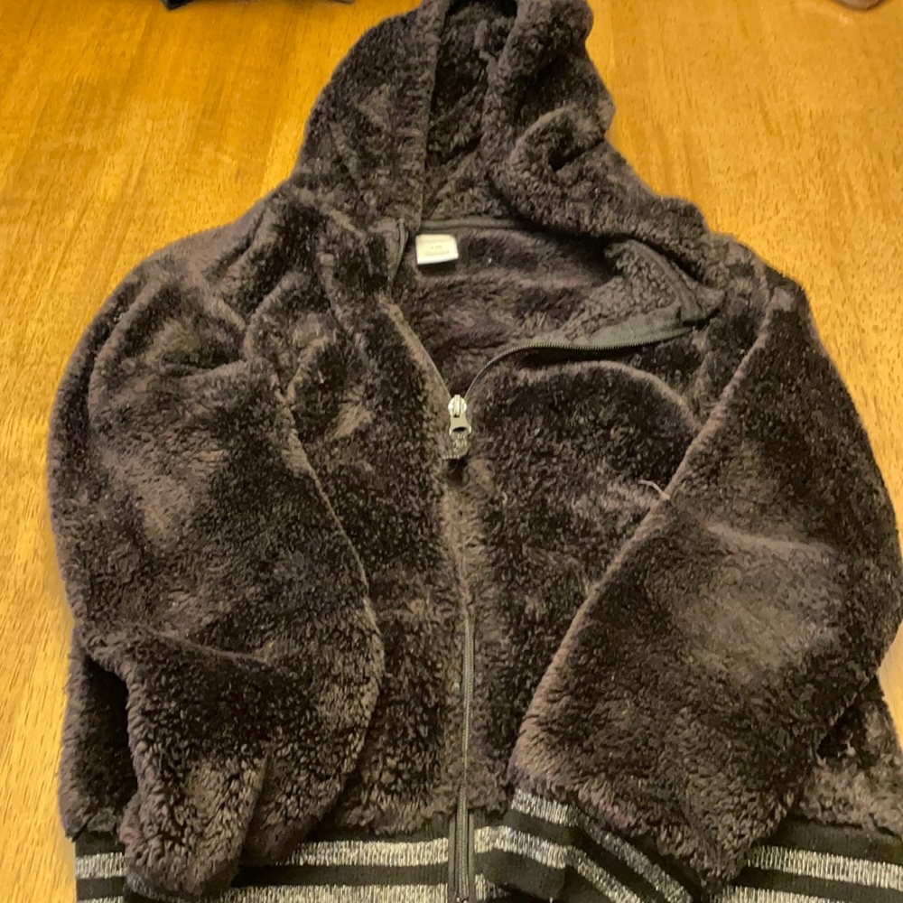 Girls Zip Coat with hood. Soft fleece. Black.